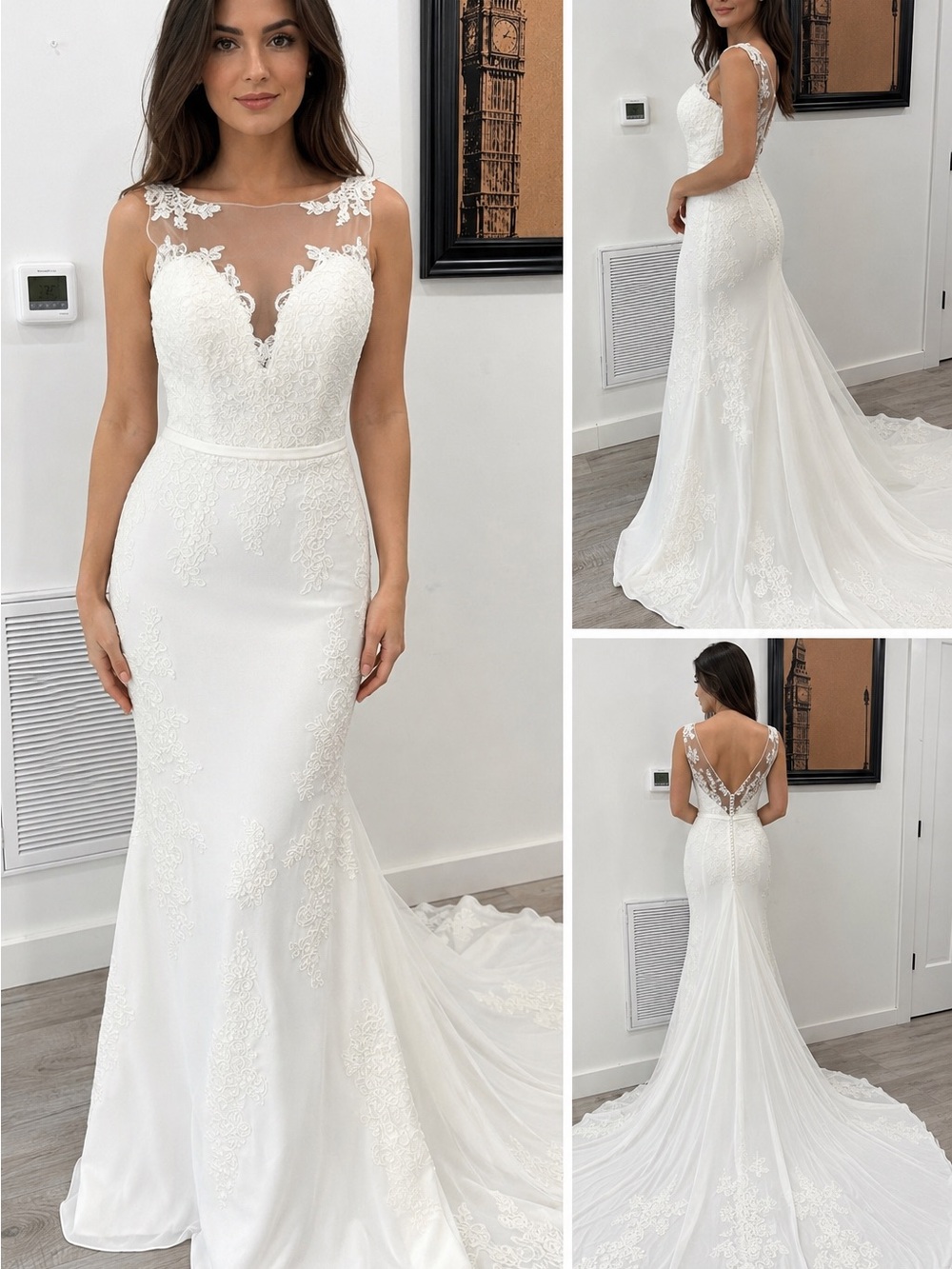 Elegant Lace Illusion Neck Bridal Gown - White
